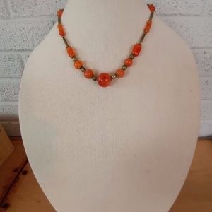 Vintage orange agate and silvertone bead necklace